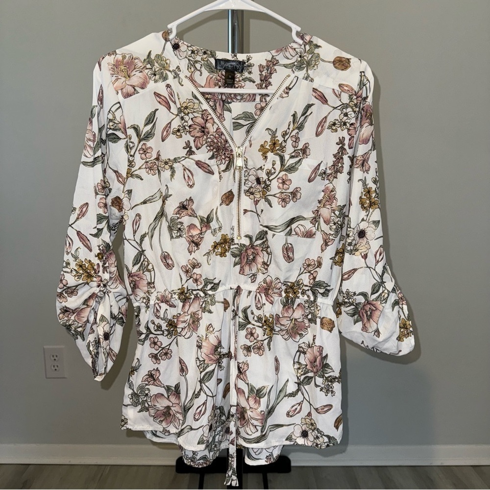 J for Justify Floral Half Zipper Blouse with Three Quarter Sleeves Size Medium